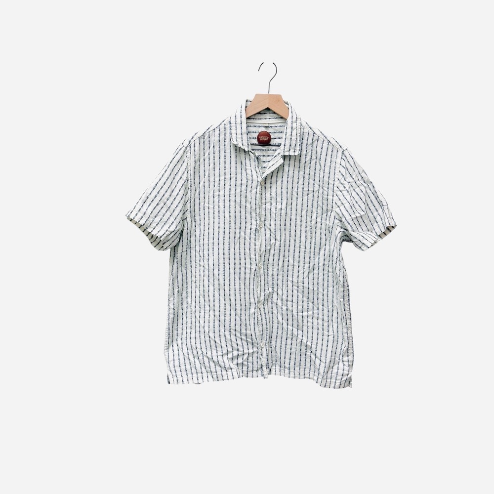 Common People Mens Large Linen‎ Striped Short Sleeve Button Down Shirt Blue